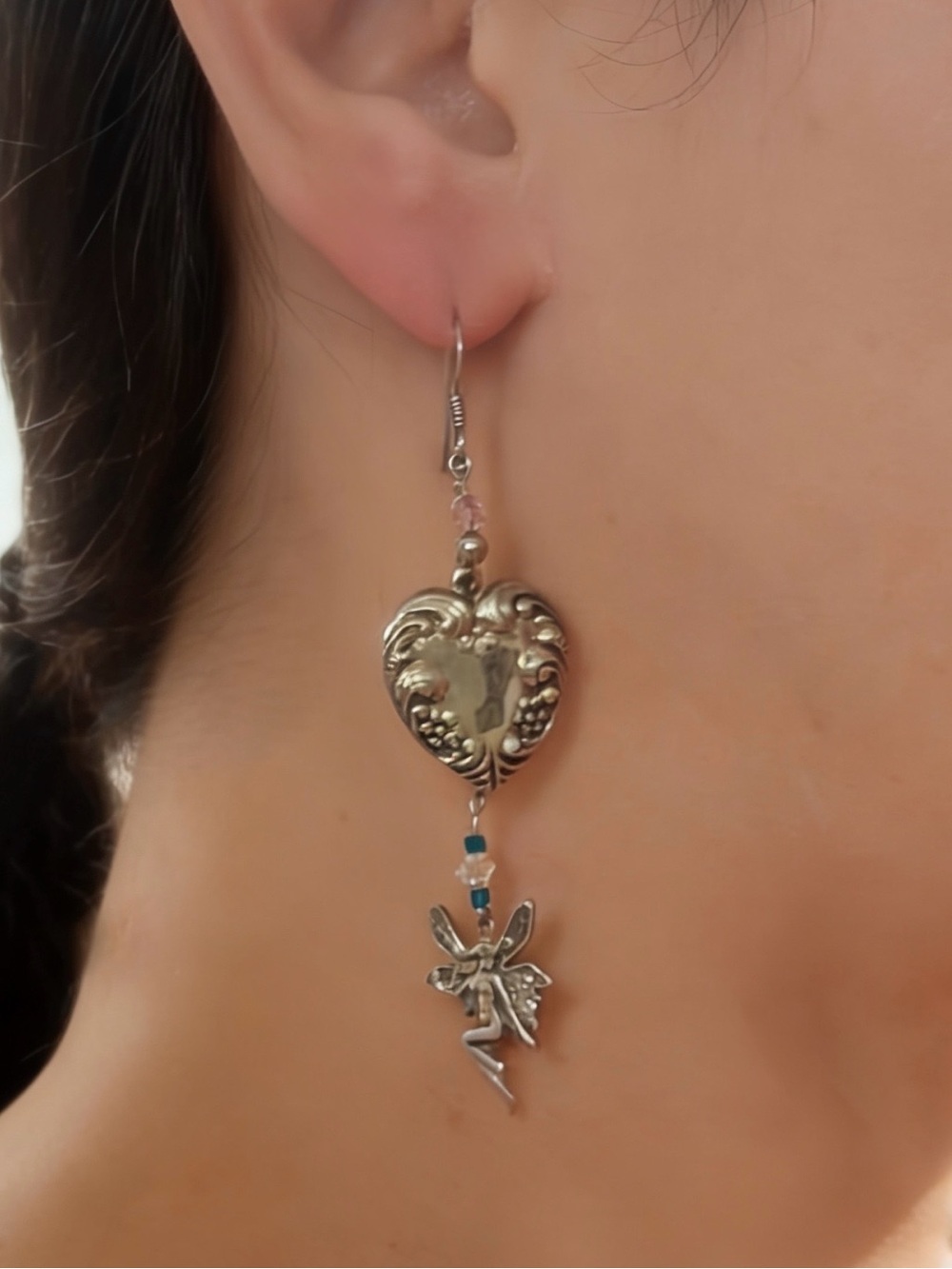 Vintage Sterling Silver Fairy Heart Dangle Earrings 925 Spring Whimsical Gift